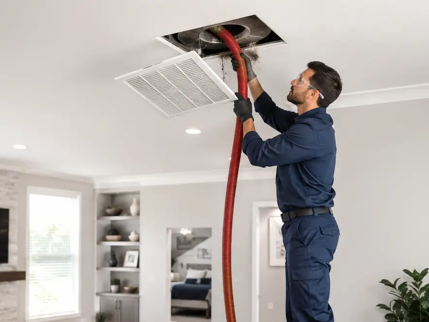 Technician cleaning residential air vents in Carrollton Texas