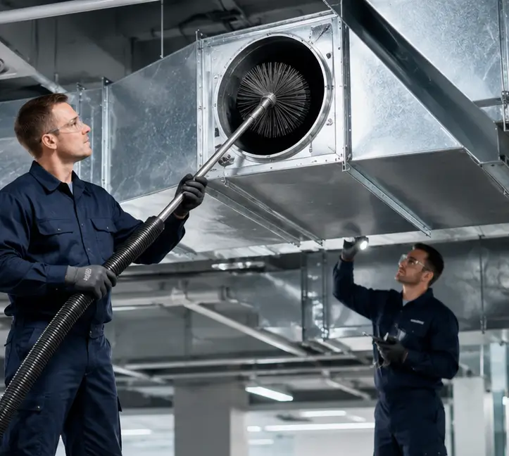 Commercial air duct cleaning equipment servicing a large ventilation system