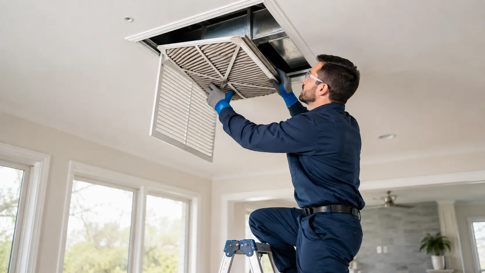 HVAC technician replacing a dirty air filter