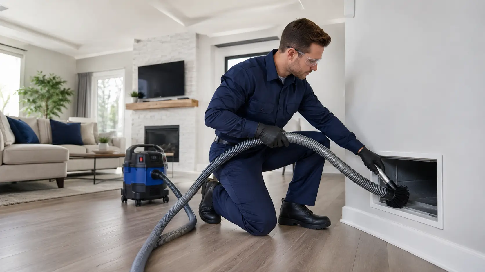 Technician professionally cleaning a residential air duct in Carrollton