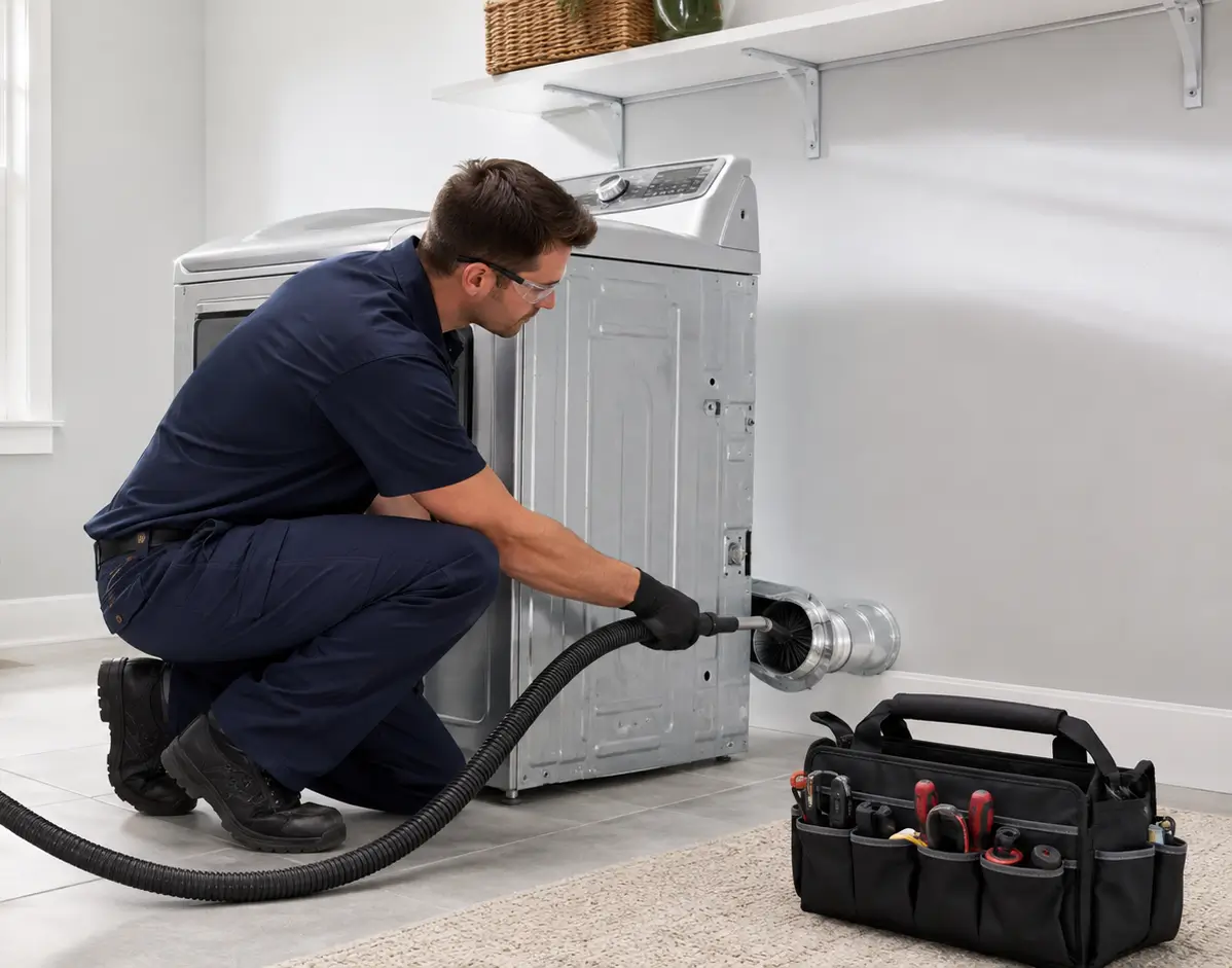 Technician professionally cleaning a residential dryer vent in Carrollton